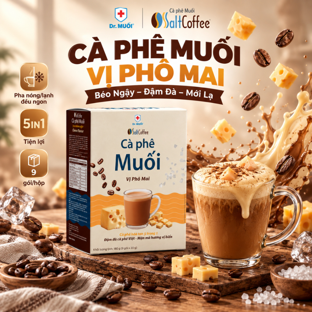 Cà Phê Muối Hòa Tan SaltCoffee Vị Phô Mai, Cafe 5in1 Với Bột Kem Phô Mai Béo Thơm Đậm Đà (Hộp 9 Gói  - Gói 20g)- Dr Muối
