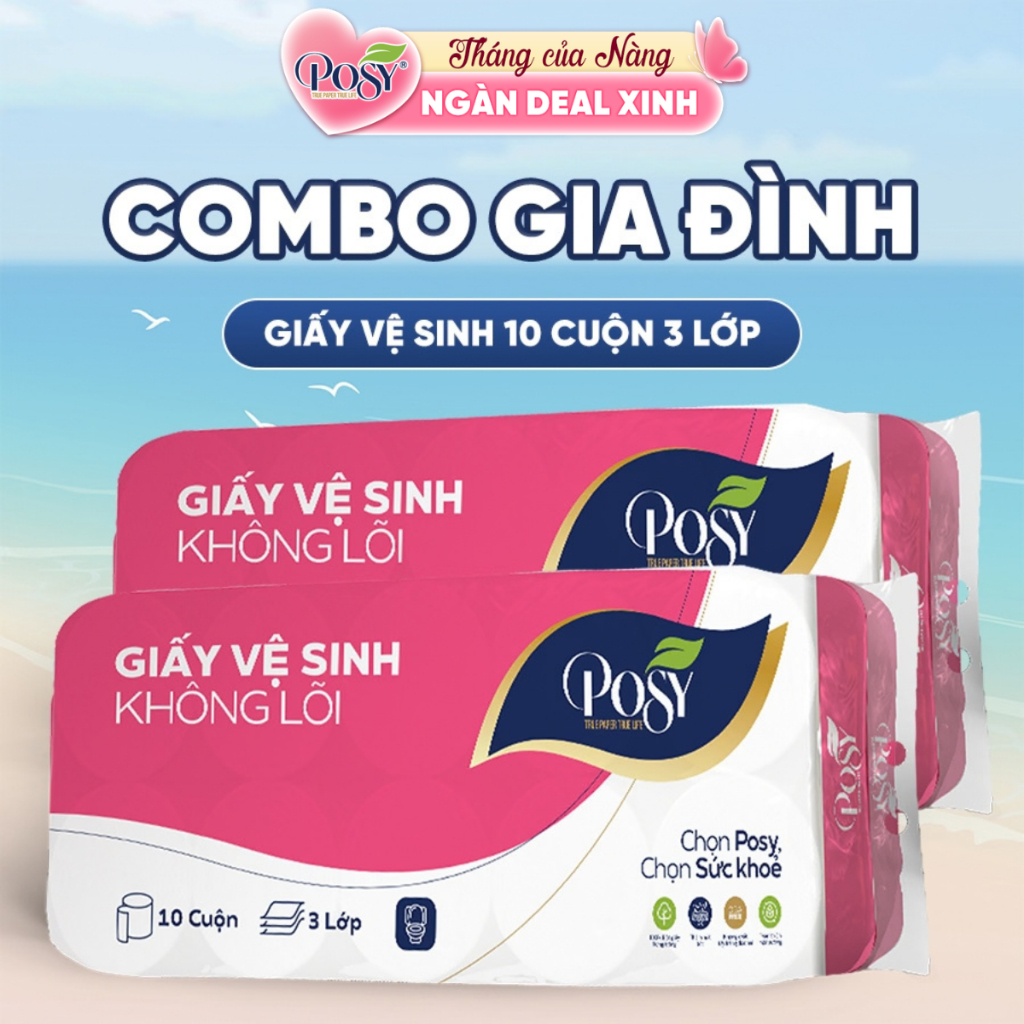 [COMBO GIA ĐÌNH]  - 2 bịch Giấy vệ sinh Posy 10 cuộn 3 lớp không lõi/có lõi mềm, DỄ TAN TRONG NƯỚC