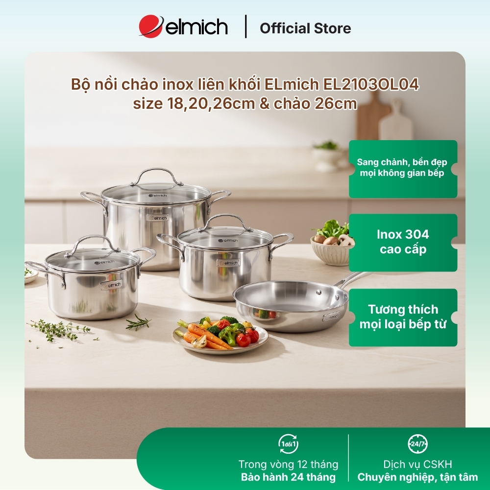 Bộ nồi chảo inox 304 liền khối Trimax EL2103OL04 size 18,20,26cm chảo 26cm