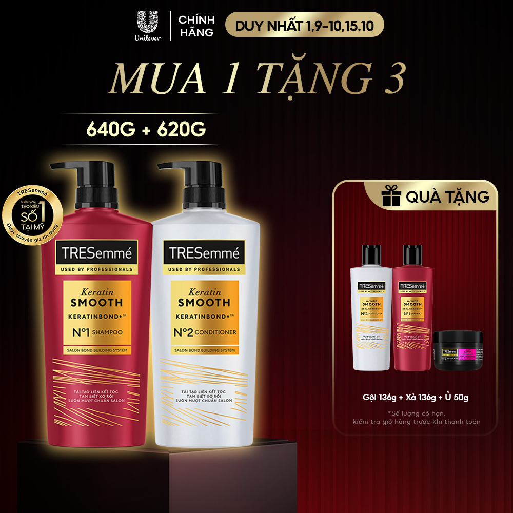 [Diện mạo mới] Combo Dầu Gội, Dầu Xả TRESemmé Keratin Smooth Keratinbond+ Cho Tóc Khô Xơ Rối Vào Nếp Suôn Mượt 640g,620g