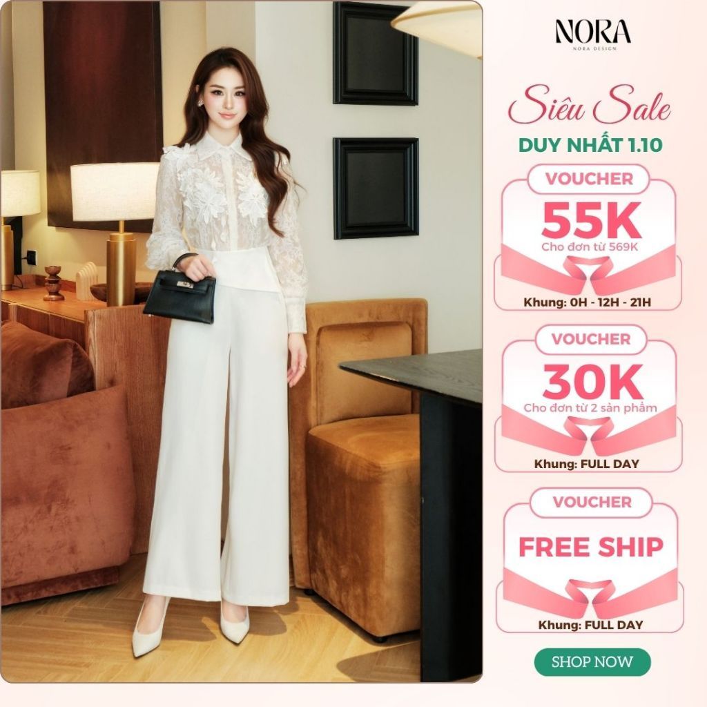 Set Bộ Quần Áo Thiết Kế Cao Cấp NORA, Áo Sơ Mi Ren Đáp Hoa Nổi Kèm Áo Quây, Quần Suông Dài Cạp Cao Chéo Nhật S1145