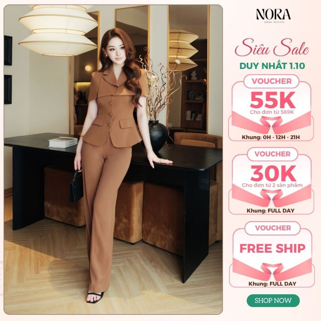Set Quần Áo Công Sở Cao Cấp NORA, Thiết Kế 3 Món Áo Gile Peplum Kèm Choàng Lửng Và Quần Suông Ống Rộng S1120