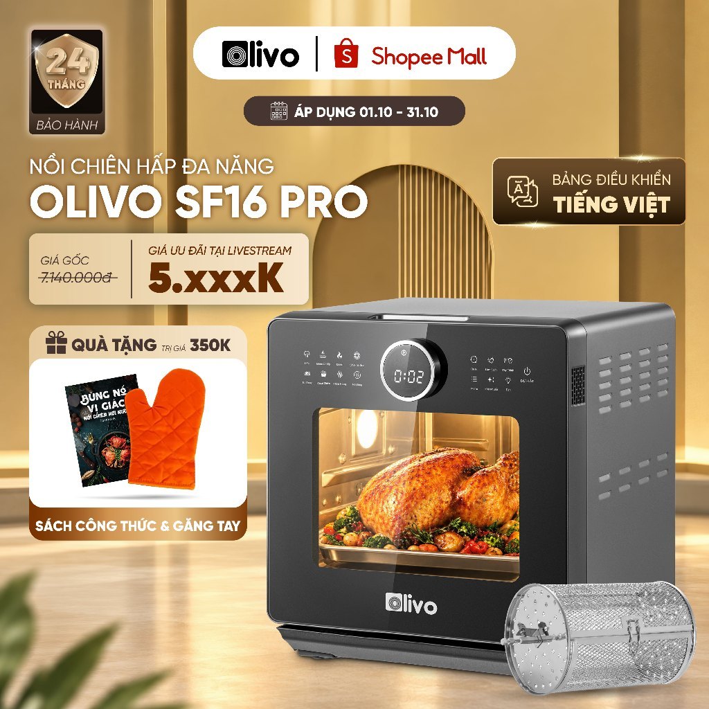 [TOP1 BÁN CHẠY] Nồi Chiên Hơi Nước OLIVO SF16 PRO 16L Bản Có Chú Thích Tiếng Việt, 70 Chế Độ, Tặng Phụ Kiện INOX 304