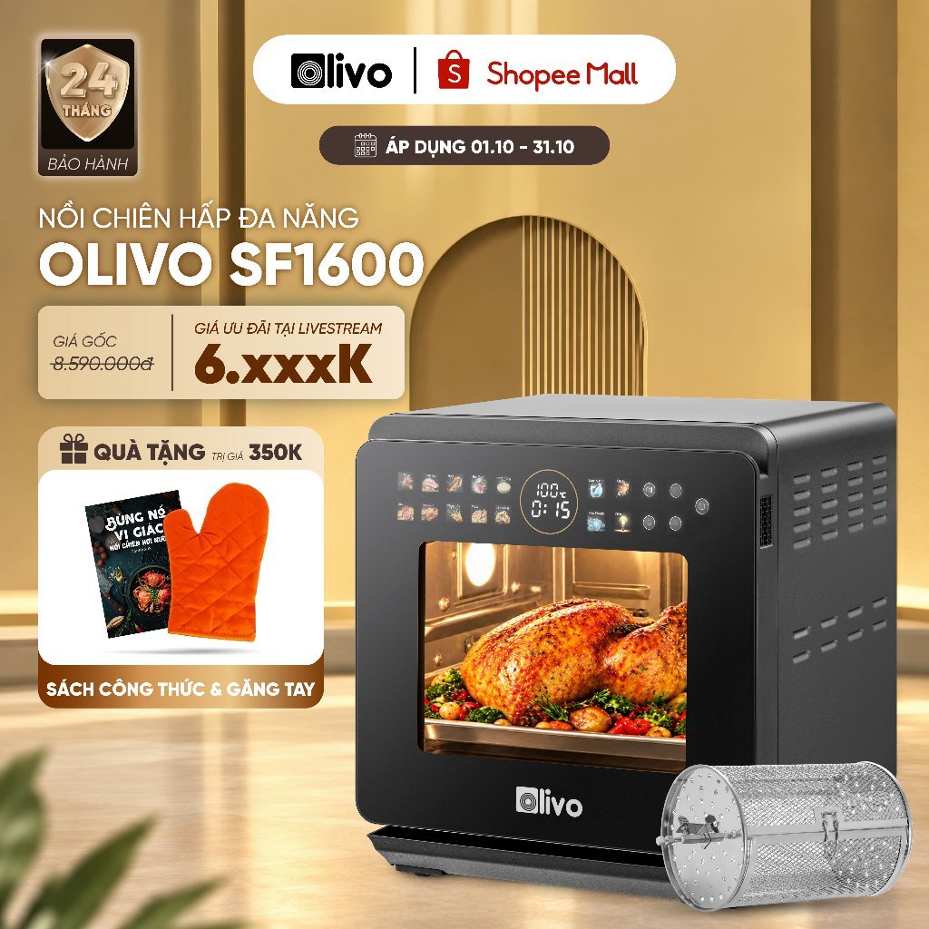 Nồi Chiên Hơi Nước OLIVO SF1600 16L 2026, 70 Chế Độ, Bản Cải Tiến Màn OLED Tiếng Việt Cảm Ứng