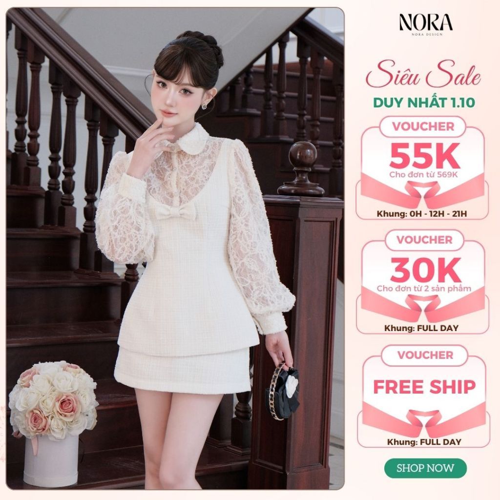 Set Áo Váy Dạ Tweed Cao Cấp NORA, Áo Tay Dài Ren Hoa, Chân Váy Ngắn Có Lót Quần Tiểu Thư Sang Chảnh S1050