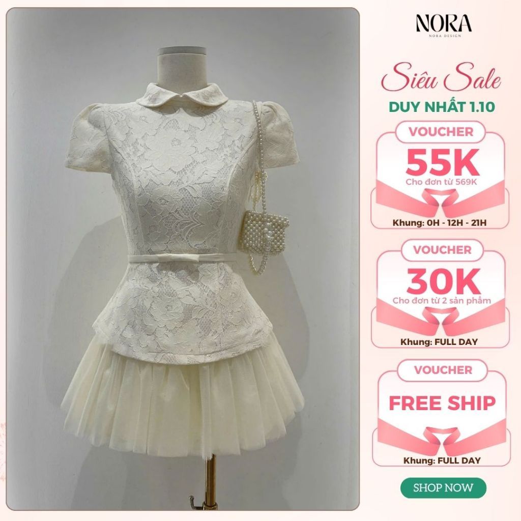 Set Váy Thanh Lịch Đi Làm, Đi Học NORA, Áo Dáng Peplum, Cổ Sen, Đính Dây Nơ Eo, Chân Váy Lưới Ngắn Xòe Xinh T456