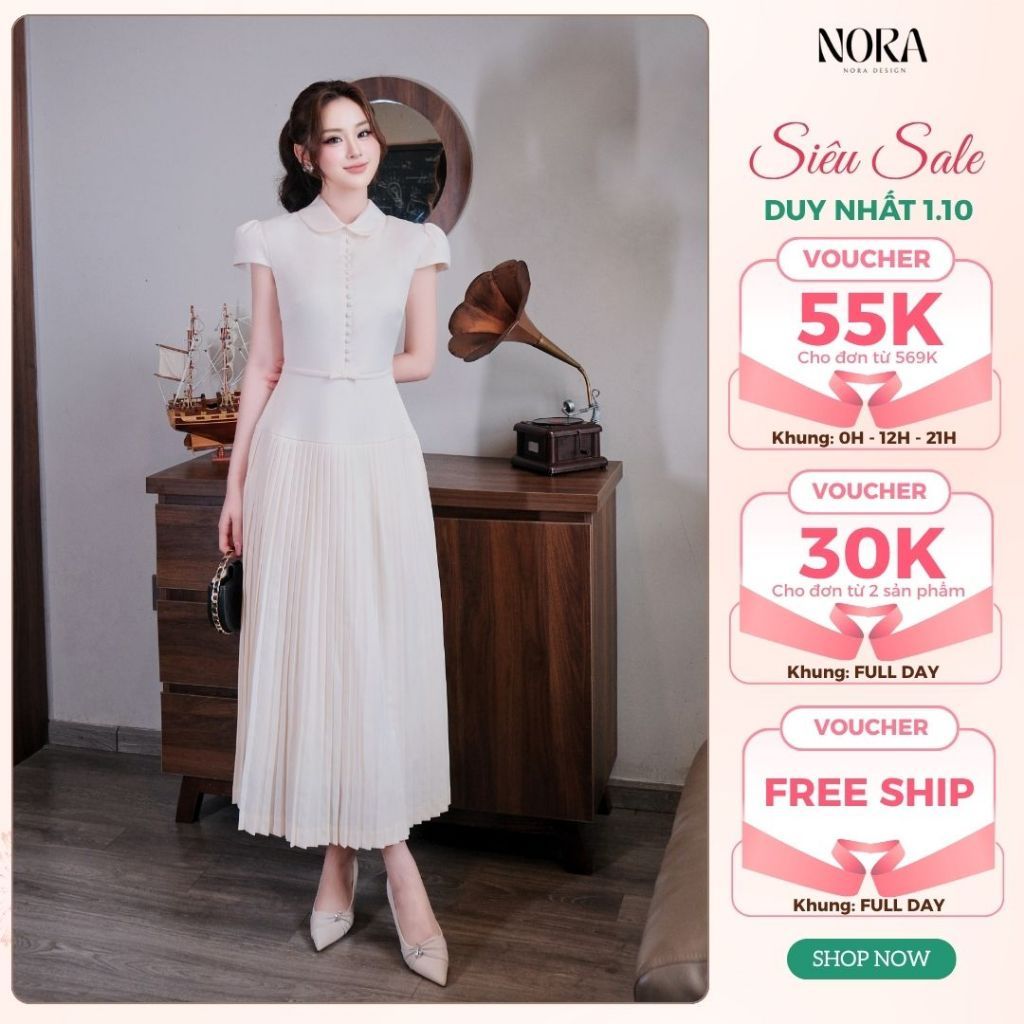 Váy Dài Đi Làm Dự Tiệc Thanh Lịch NORA, Đầm Cổ Sen Đính Hàng Cúc Bọc Kèm Đai Nơ Eo Chân Xếp Ly Trượt Nhật Lót Lụa V1478