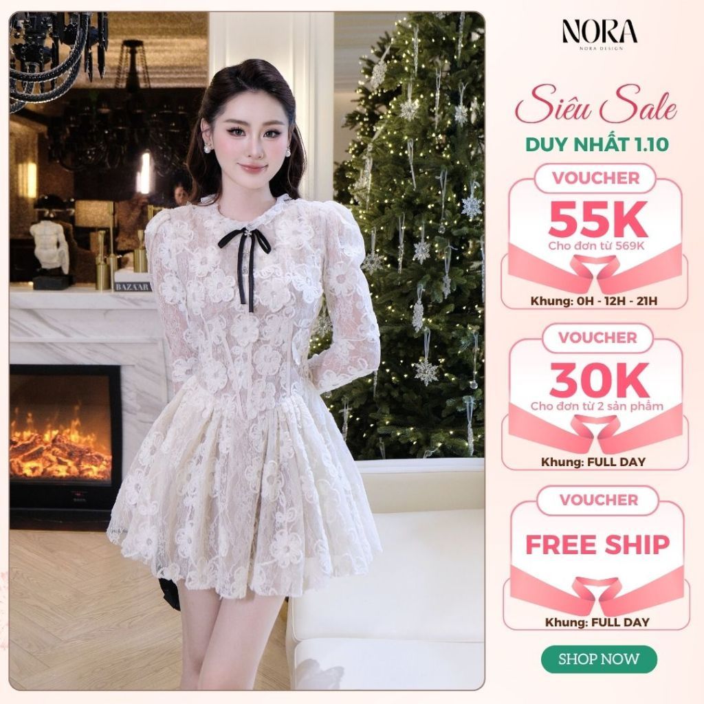 Váy Dự Tiệc Tiểu Thư NORA, Thiết Kế Dáng Xòe Ngắn Phối Ren Hoa Cao Cấp Lót Lụa Mềm Mịn, Có Lót Quần T361