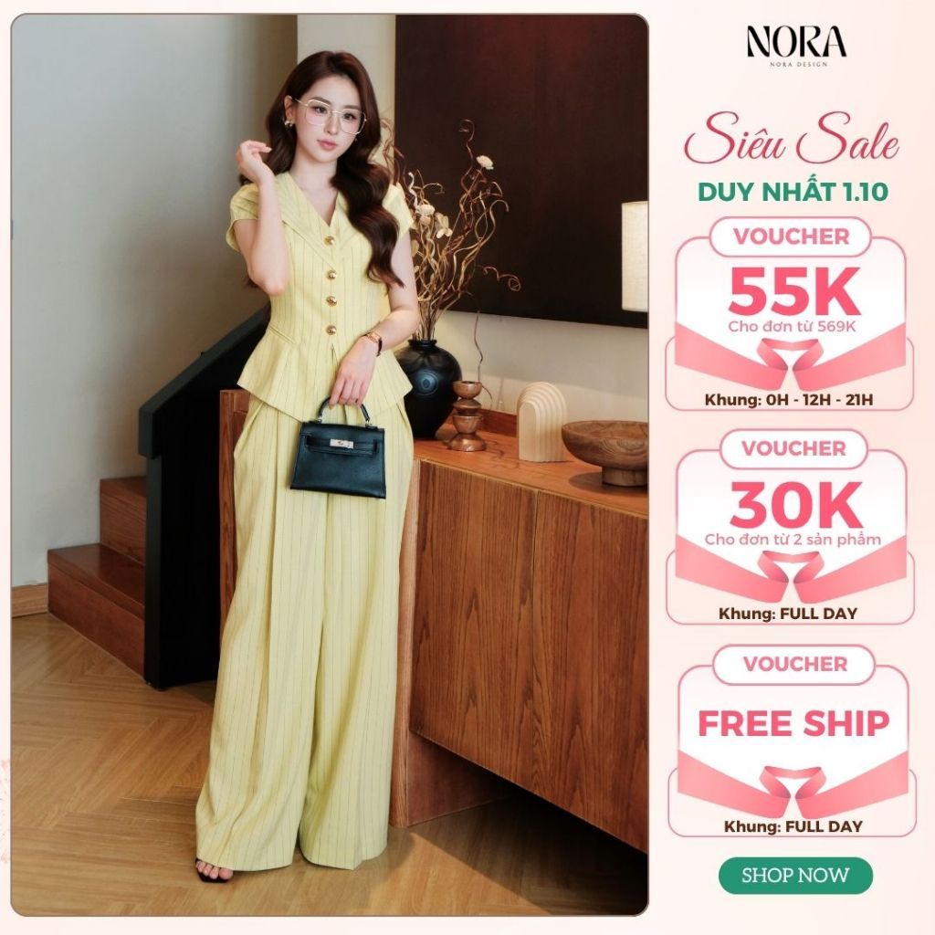 Set Bộ Vest Công Sở NORA, Áo Peplum Cổ V Đính Cúc Kèm Quần Ống Rộng Kẻ Tuytsi Cao Cấp Đi Làm S1140