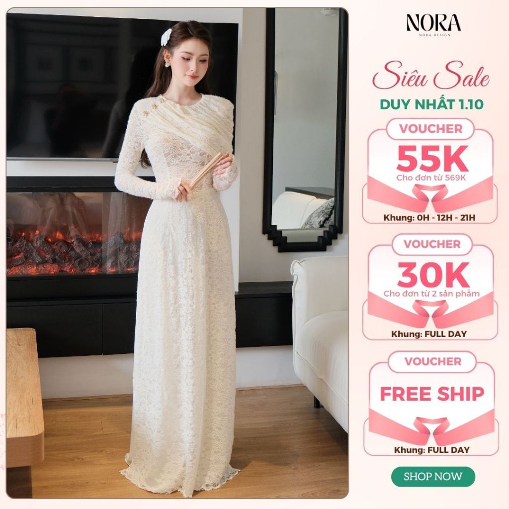Set Áo Dài Thiết Kế Cao Cấp NORA, Áo Dài Chất Ren Mềm Kèm Quần Lụa Dài Nhẹ Nhàng Thanh Lịch AD1064