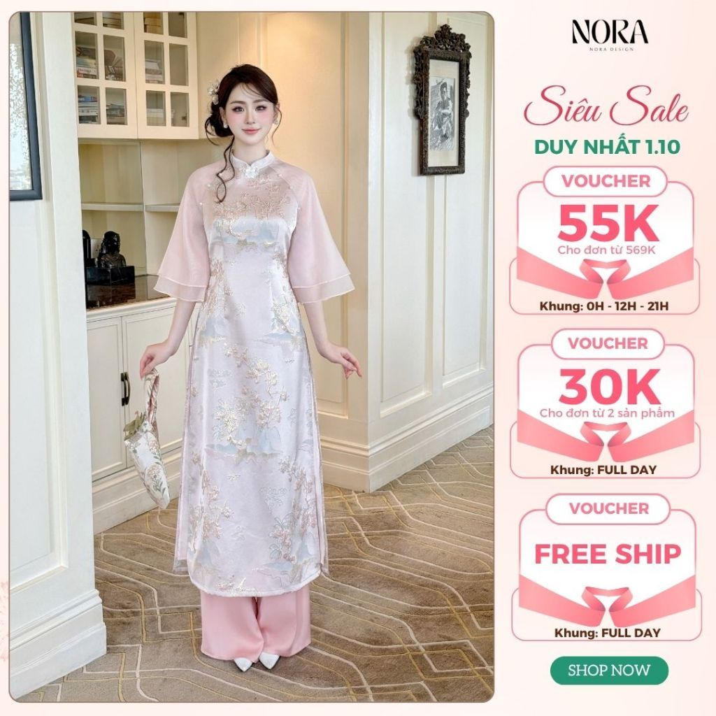 Set Áo Dài Tết Cao Cấp NORA, Áo Dài Gấm Phối Tơ Hàn Đính Hoa Kèm Quần Lụa Dài Suông Đứng Siêu Xinh AD992