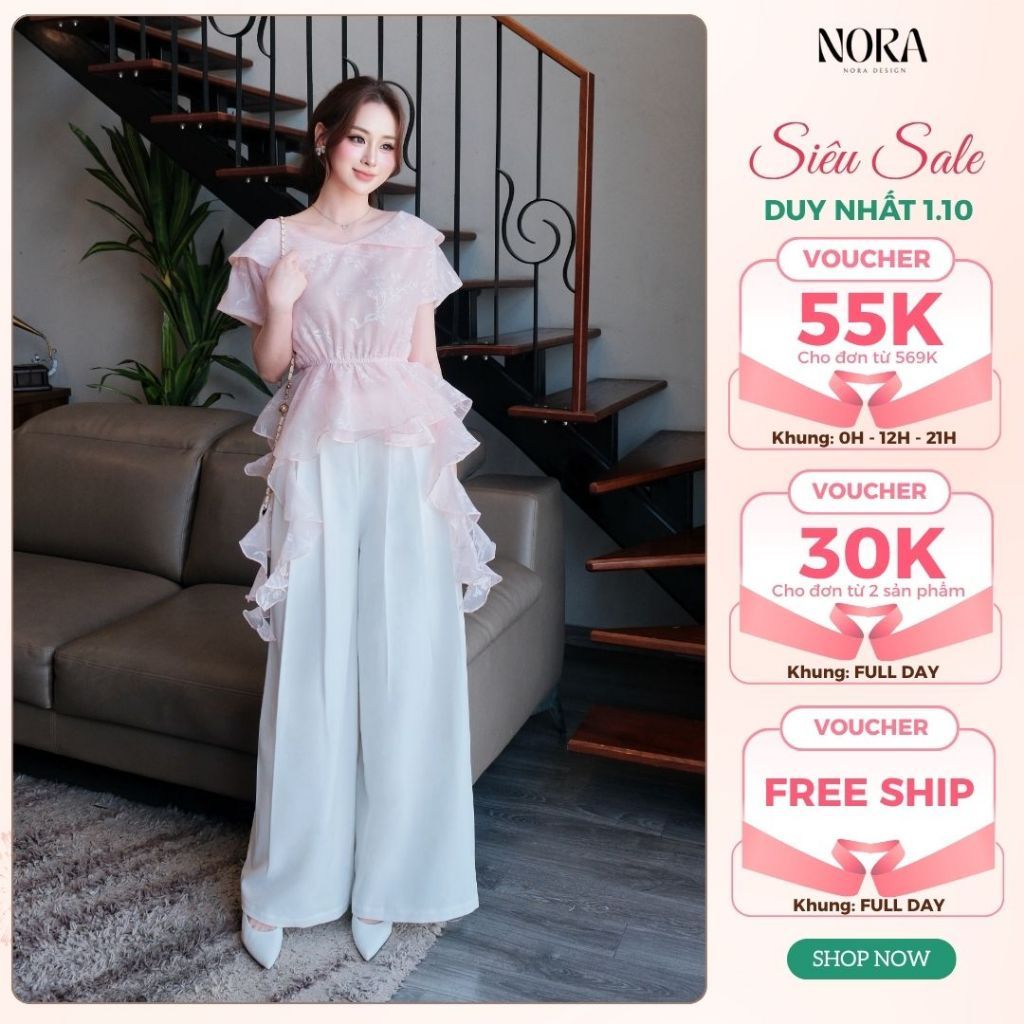 Set Bộ Sang Chảnh Đi Làm NORA, Áo Tơ Óng Cổ Tròn Bo Eo Vạt Bèo Kèm Quần Suông Ống Rộng Chất Chéo Kaki S1122