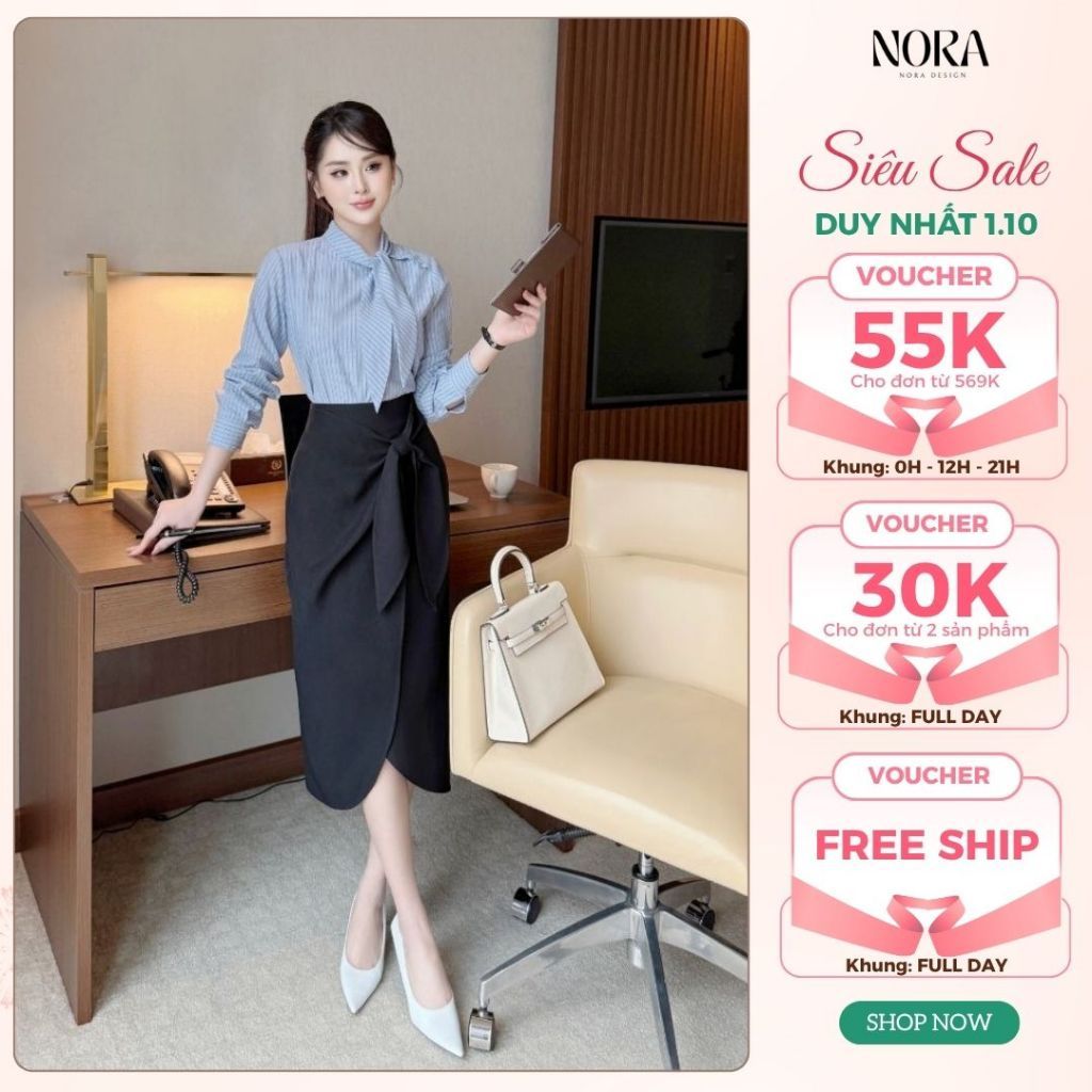 Set công sở hiện đại NORA - Áo sơ mi chất thô mềm cổ lệch vạt, chân váy bút chì xẻ trước phong cách trẻ trung S885