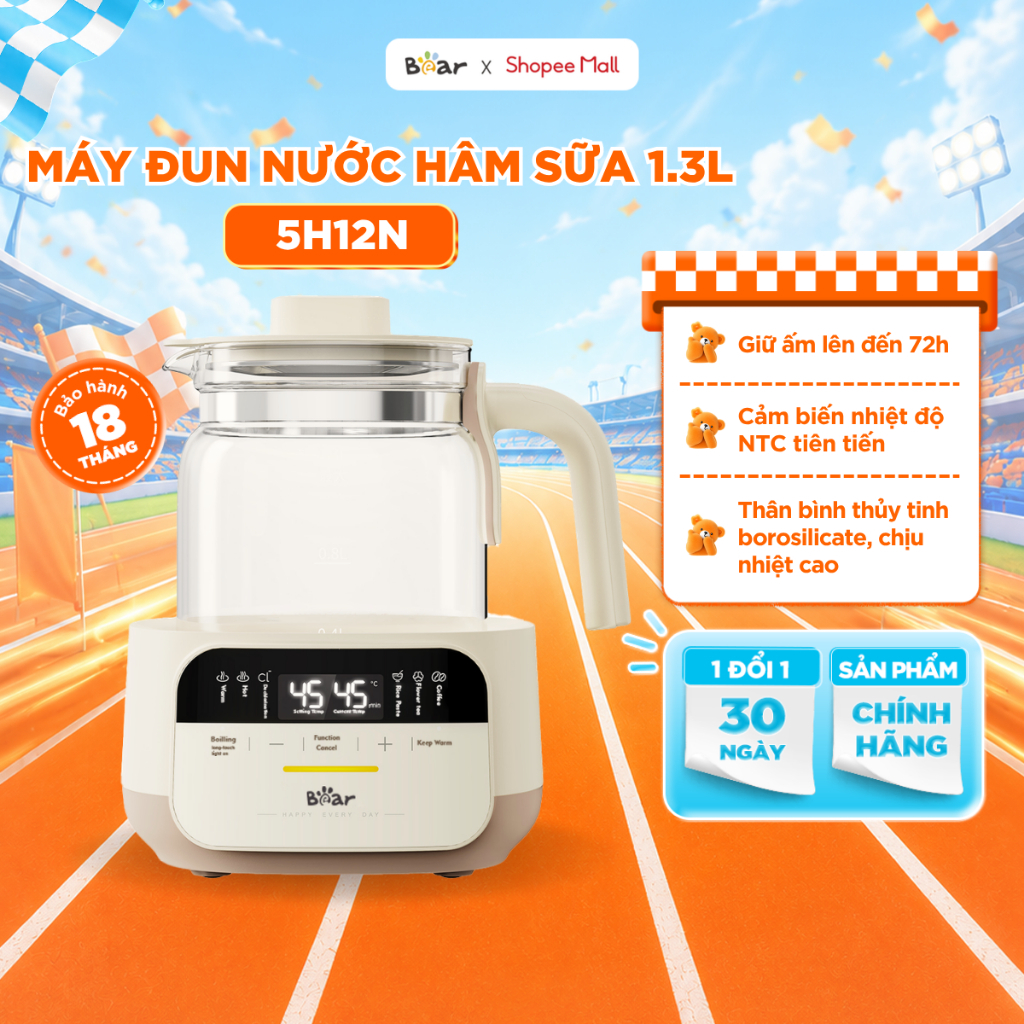 Bình Đun Nước Pha Sữa BEAR 1.3L, Máy Hâm Sữa Máy Đun Nước Pha Sữa Cho Bé Đa Năng Khử Clo An Toàn Giữ Nhiệt 72H WW-5H12N