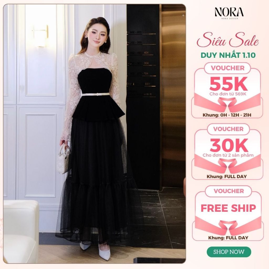 Set Váy Nữ Thanh Lịch NORA, Áo Nhung Cao CấpTay Ren Lót Lụa Kèm Đai Rời, Chân Váy Voan Sang Trọng Dự Tiệc S1039