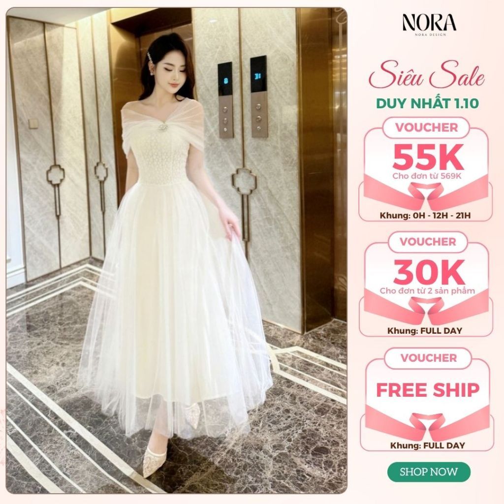 Váy ren tiểu thư trễ vai phối lưới đính đá sang chảnh dáng dài xòe phù hợp dự tiệc, đi cưới Medechill T40-SX