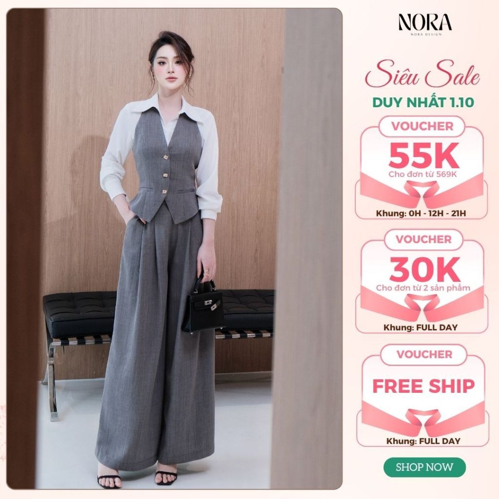 Set Quần Áo Công Sở Sang Chảnh NORA, Áo Sơ Mi Chất Tăm Hàn, Gile Kèm Quần Suông Dài Chất Xước Thái A1074+S1075