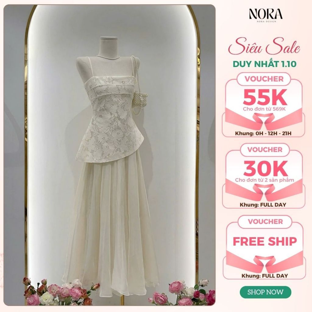 Set Váy Sang Chảnh Dự Tiệc NORA, Áo Ren Hai Dây, Vạt Chéo Phối Chân Váy Tơ Xòe Bồng Che Khuyết Điểm Tốt T455