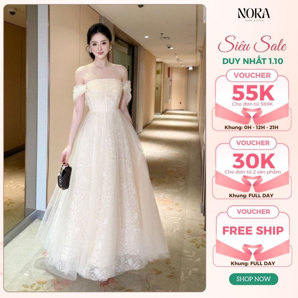 Váy tiệc, váy cưới NORA - Thiết kế dáng dài xòe bồng, trễ vai cúp ngực đính tag đá, chất lưới phối ren hoa T170-SX