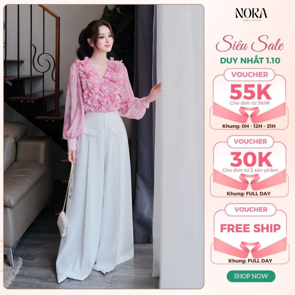Set Bộ Công Sở Cao Cấp NORA, Áo Tơ Cổ Bèo Dập Ly Kèm Quần Suông Ống Rộng Thanh Lịch S1109