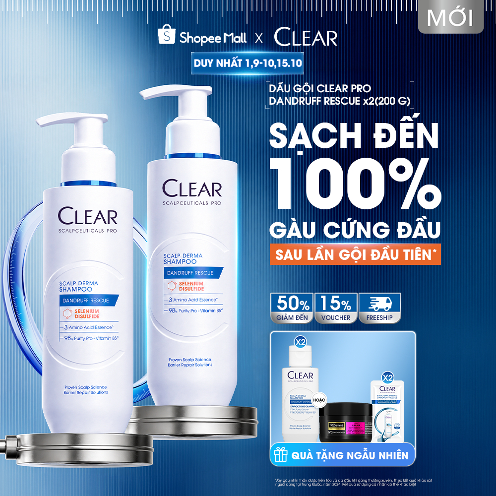 [MỚI] Bộ Đôi Dầu Gội Clear Pro Sạch Gàu Cứng Đầu Đến 100%, Ngăn Gàu Quay Lại, Sạch Dầu Thừa & Giúp Tóc Trông Dày Hơn