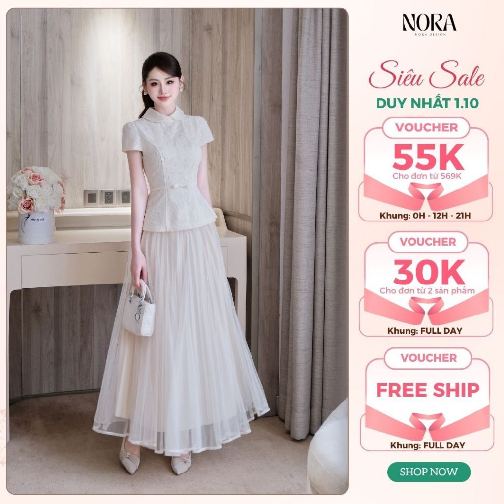 Set Váy Thiết Kế NORA, Áo Ren Cao Cấp Lót Lụa Cổ Sen Peplum Mix Chân Váy Lưới Dáng Dài Sang Trọng Dự Tiệc S1082