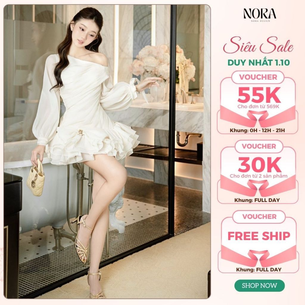 Váy Tiểu Thư Dự Tiệc, Đi Cưới NORA, Váy Trễ Vai, Tay Dài Bồng, Tùng Xòe Nhiều Lớp Đính Nơ Chất Tơ Óng Hàn Lót Lụa V1403
