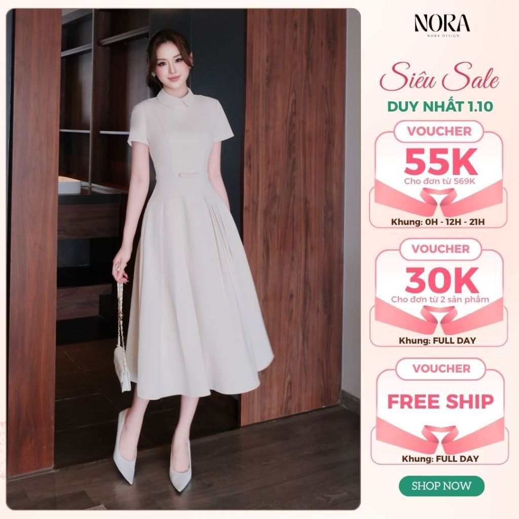 Váy Công Sở Cao Cấp NORA, Đầm Cổ Đức Dáng Dài Xòe Xếp Ly Tiểu Thư Sang Trọng Đi Làm, Dự Tiệc V1471