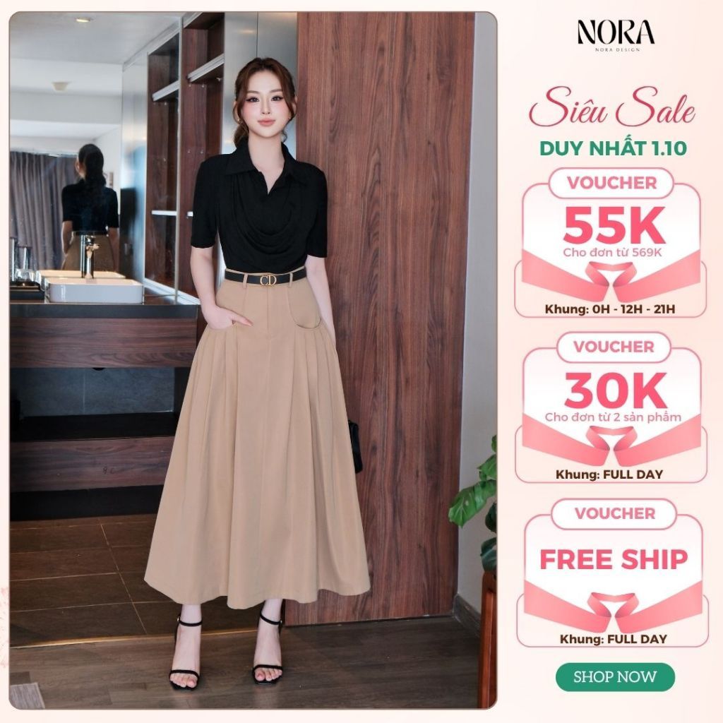 Set Bộ Công Sở Cao Cấp NORA, Áo Thun Cổ Polo Đổ Rủ Kèm Chân Váy Midi Kaki Xếp Ly Sang Chảnh A1116+CV1001