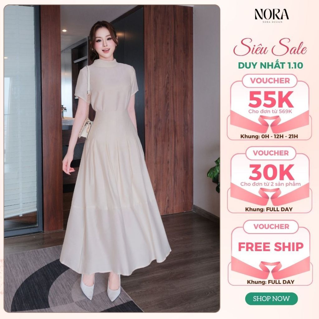 Set Váy Công Sở Chất Tơ Lót Lụa NORA, Thiết Kế Áo Cổ Cao Tay Ngắn, Chân Váy Dài Thanh Lịch S1107