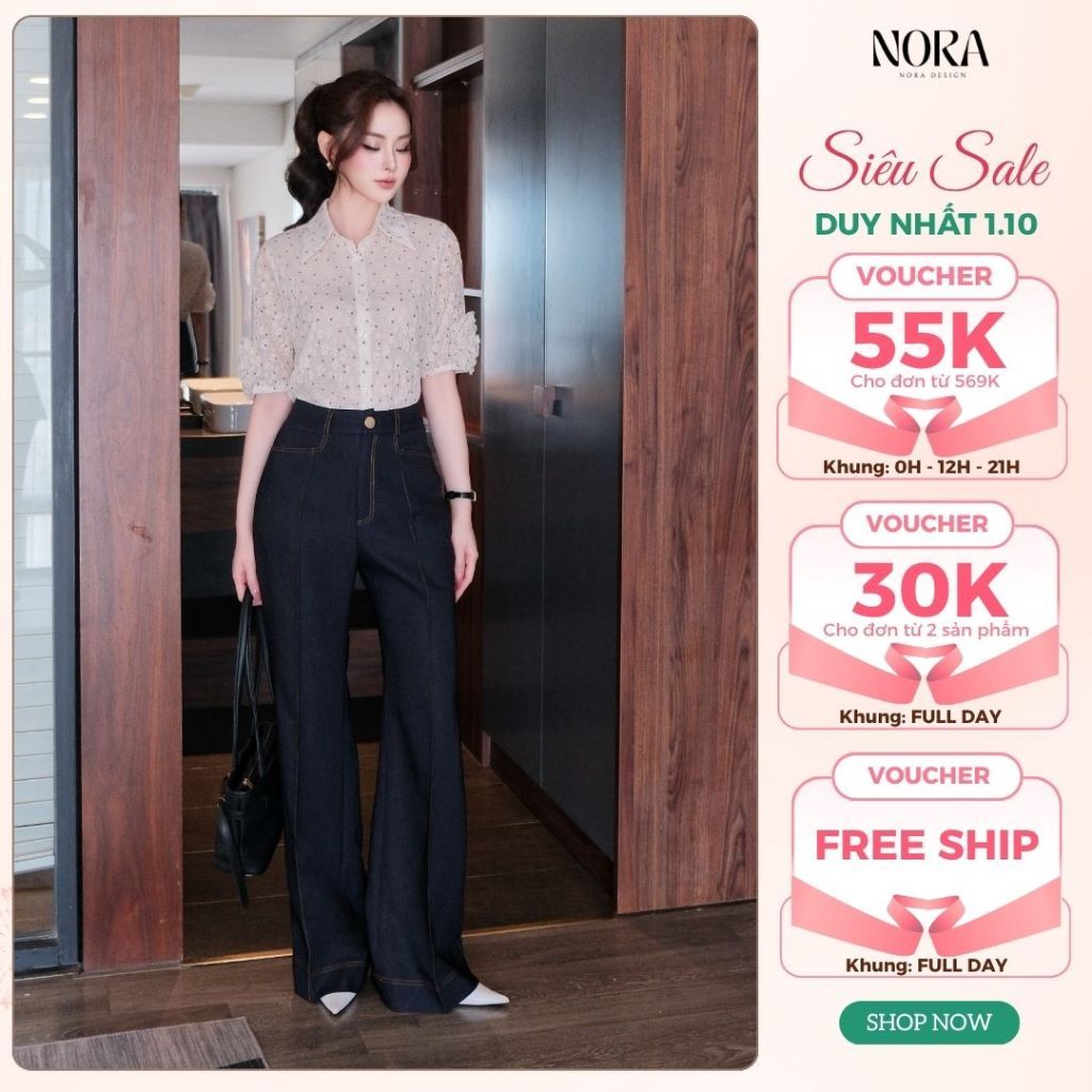 Set Quần Áo Công Sở Cao Cấp NORA, Áo Sơ Mi Tơ Hoa Chấm Bi Phối Hoa Tay Kèm Quần Ống Suông Bò Lụa A1076+Q1108