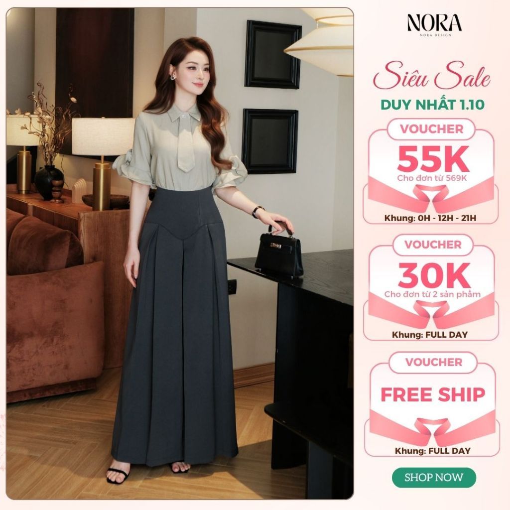 Set Quần Áo Công Sở NORA, Áo Sơ Mi Linen Cổ Đức Đính Ca Rà Vát Kèm Quần Ống Rộng Cạp Cao Xếp Ly Thanh Lịch S1119