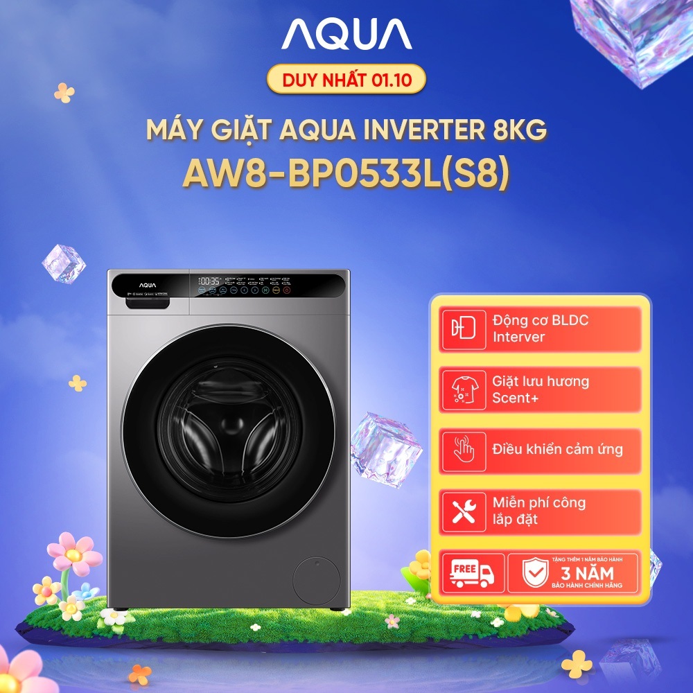[DEAL XỊN THÁNG 10] Máy giặt cửa trước Aqua Inverter 8KG AW8-BP0533L(S8) - Freeship toàn quốc - Có đồng kiểm