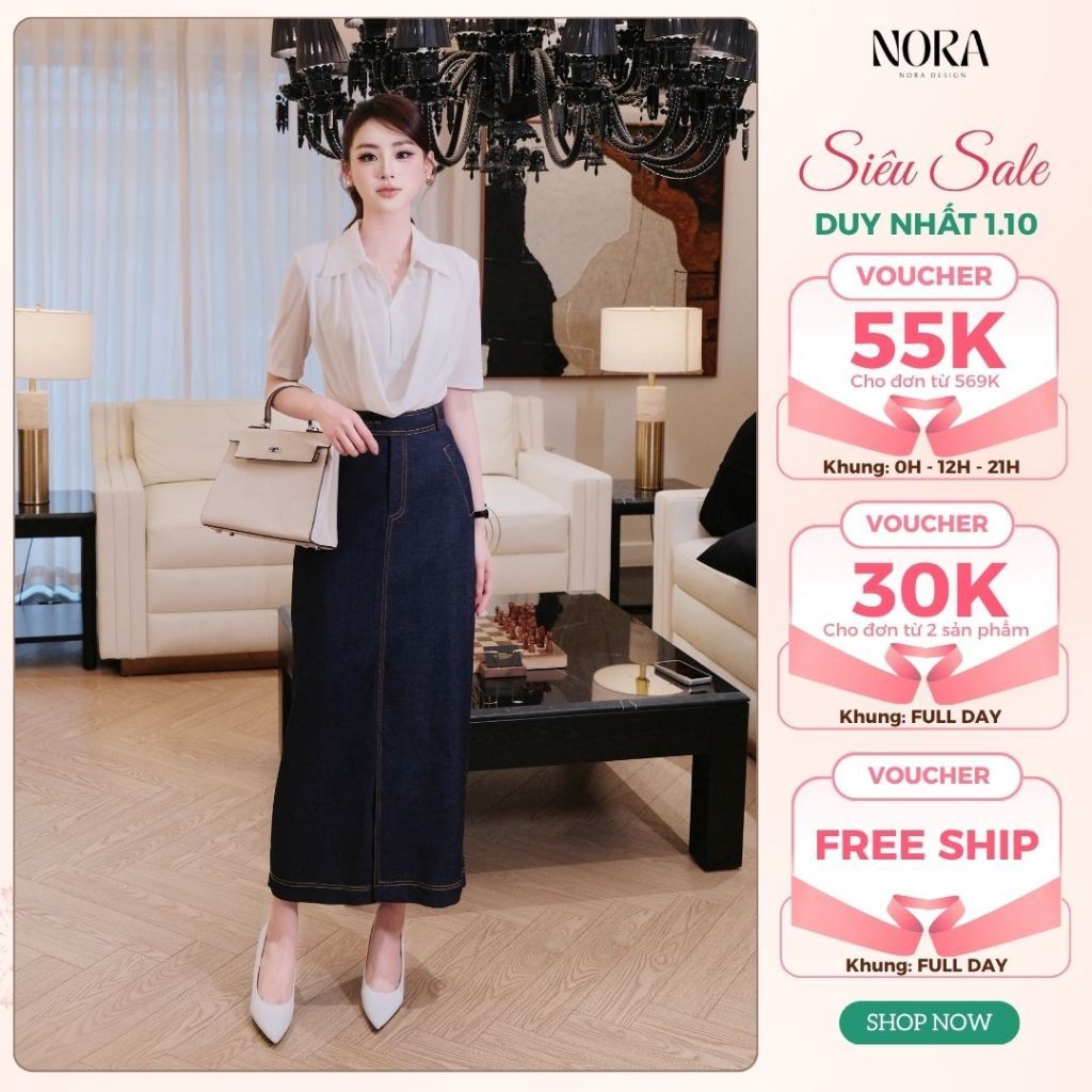 Set Váy Công Sở NORA, Áo Thun Cổ Đức Đổ Rủ Kèm Chân Váy Suông Dài Bò Lụa Cao Cấp S1116