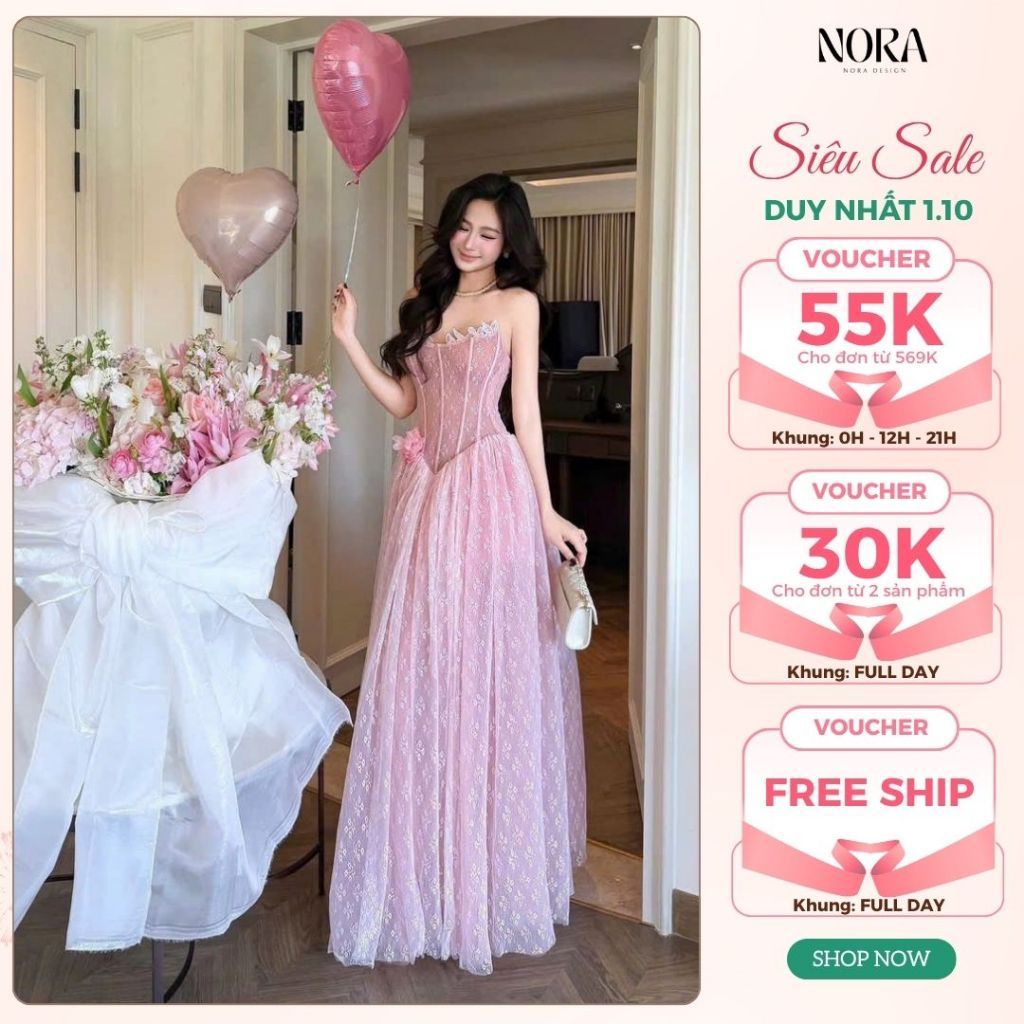 Đầm Ren Thiết Kế Dự Tiệc NORA, Váy Cúp Ngực Corset Dáng Xòe Dài Phối Lưới Cao Cấp Màu Hồng Tiểu Thư T503