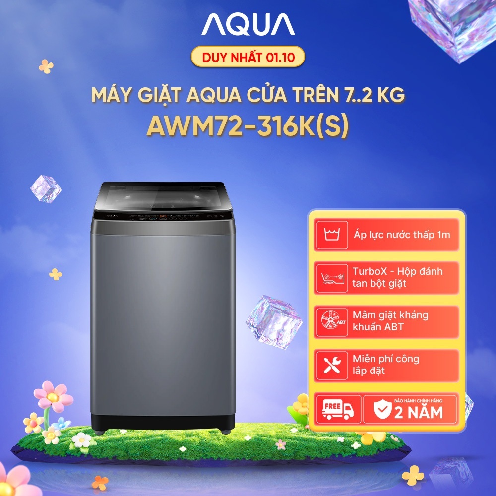 [DEAL XỊN THÁNG 10] Máy giặt Aqua 7.2 kg AWM72-316K(S) - Bảo hành 2 năm - Freeship - Có đồng kiểm