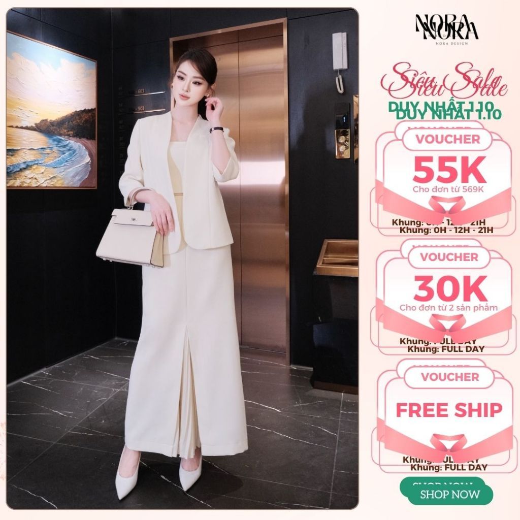 Set Bộ Công Sở Cao Cấp NORA, Bộ 3 Chi Tiết Áo Vest Kèm Áo Quây, Chân Váy Dài Phối Dập Ly Thanh Lịch S1104