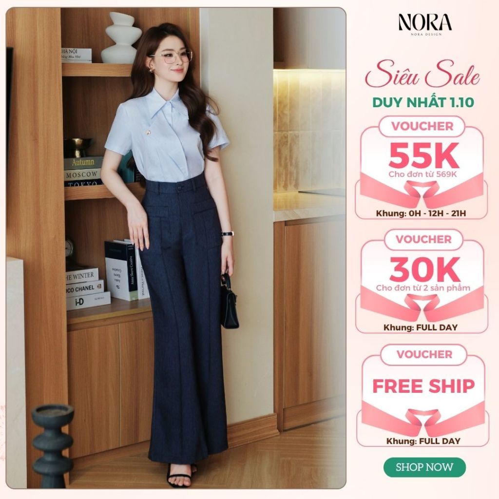 Set Quần Áo Công Sở Thiết Kế NORA, Áo Sơ Mi Thô Hàn Cổ Vát Kèm Quần Bò Dáng Ống Rộng Cạp Cao Sang Chảnh S1121