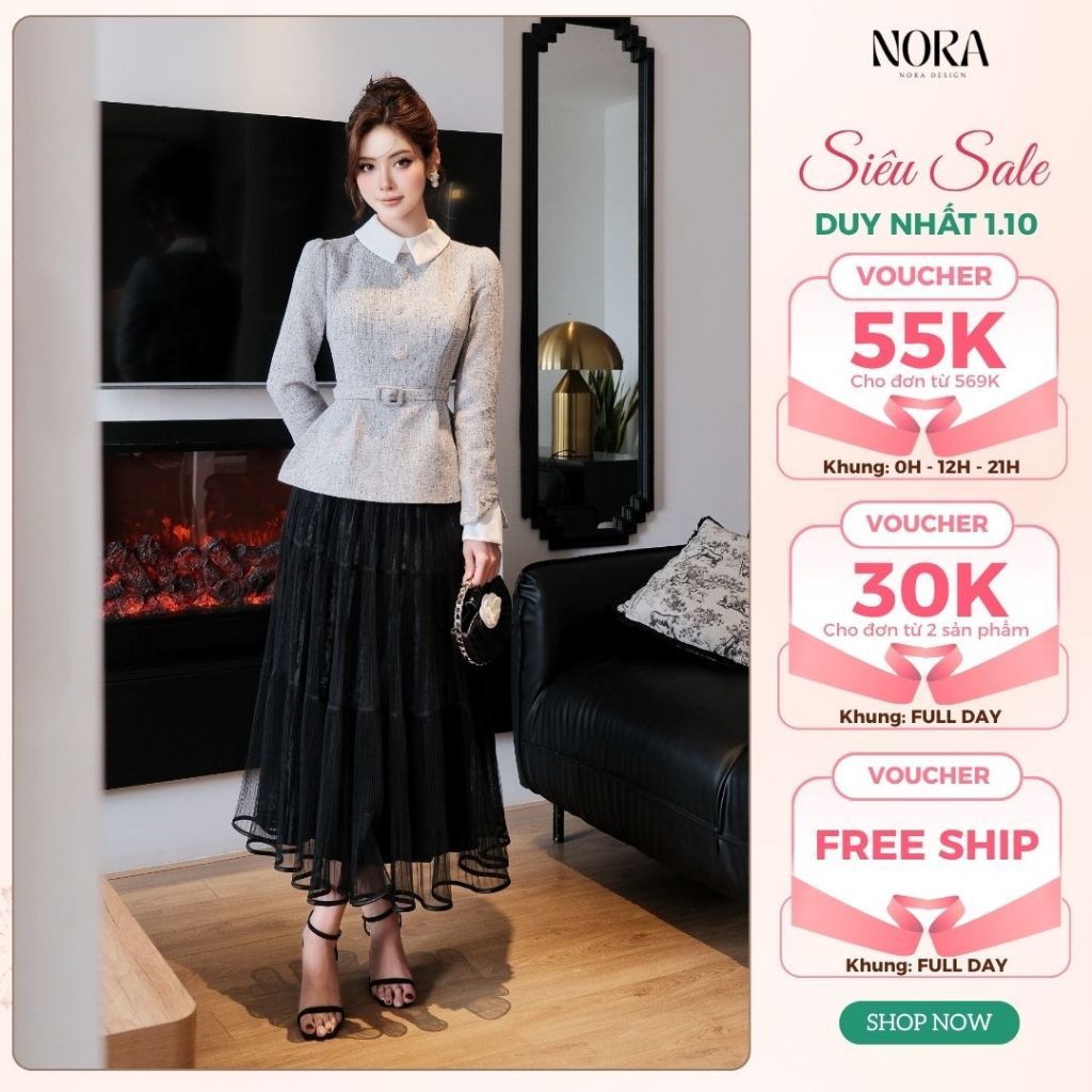Set Váy Công Sở Thanh Lịch NORA, Áo Chất Dạ Tiêu Ép Mùng Lót Lụa Kèm Đai, Chân Váy Lưới Dập Li Lót Nhung A1060-CV1059