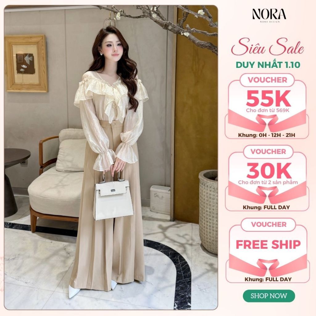 Set Quần Áo Công Sở Thanh Lịch NORA, Áo Tay Dài Bồng Chất Tơ Bọt, Quần Suông Dài Chất Chéo Rubi Cao Cấp S1000