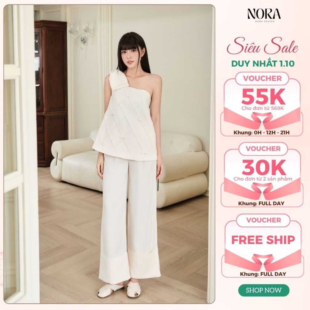 Set Quần Áo Dự Tiệc NORA, Áo Lệch Vai Bấu Li Thủ Công Kèm Quần Suông Sang Chảnh S1103