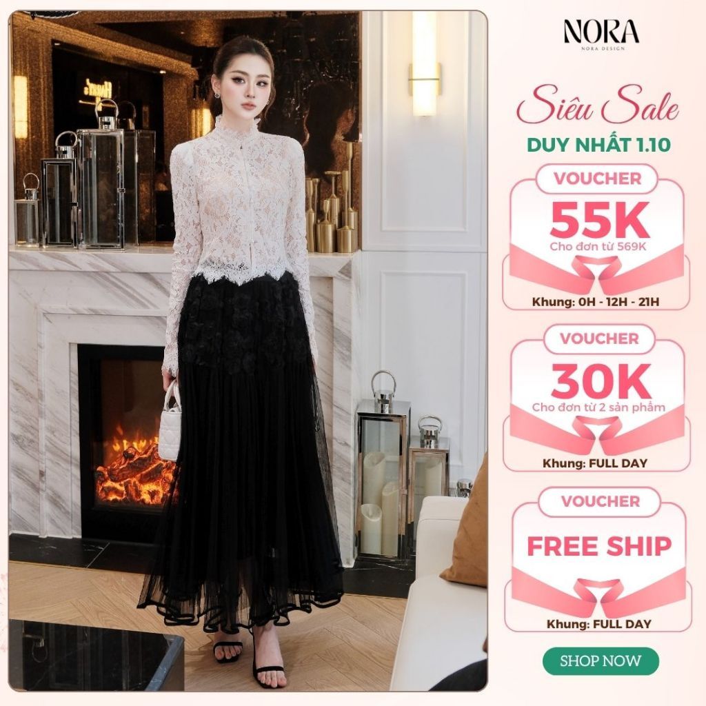 Set Váy Nữ Sang Chảnh NORA, Áo Ren Hoa Cao Cấp Phối Chân Váy Tơ Dập Ly Xòe Dài Lót Lụa Cạp Chun Dự Tiệc A1017 + CV1014