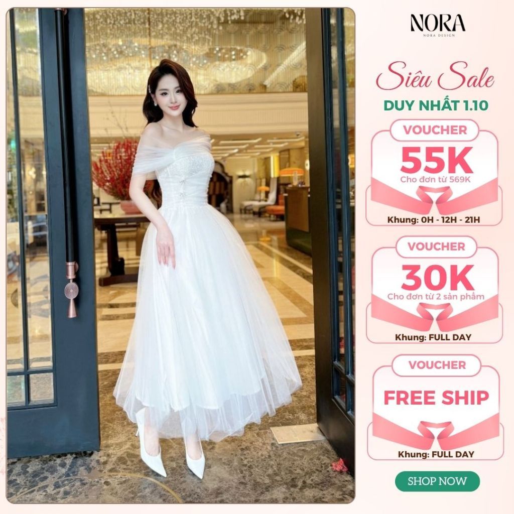 Váy dự tiệc, váy đi bàn cô dâu trễ vai dáng dài đính nơ eo tạo điểm nhấn xinh sang Medechill T98-SX