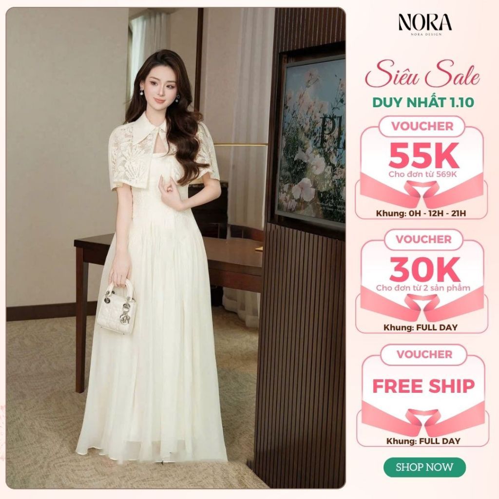 Đầm Dự Tiệc Sang Chảnh NORA, Váy Hai Dây, Dáng Dài Tiểu Thư Kèm Áo Choàng Ren Nhẹ Nhàng Thanh Lịch T439-SX