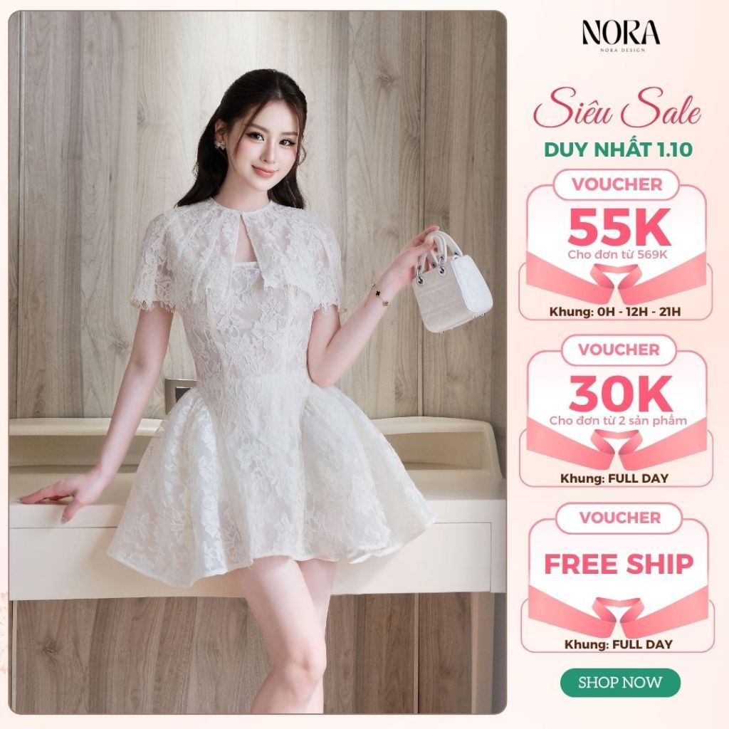 Đầm Tiểu Thư Dự Tiệc NORA, Váy Ren Hai Dây Dáng Ngắn Tùng Xòe Kèm Áo Choàng Rời Sang Chảnh V1466