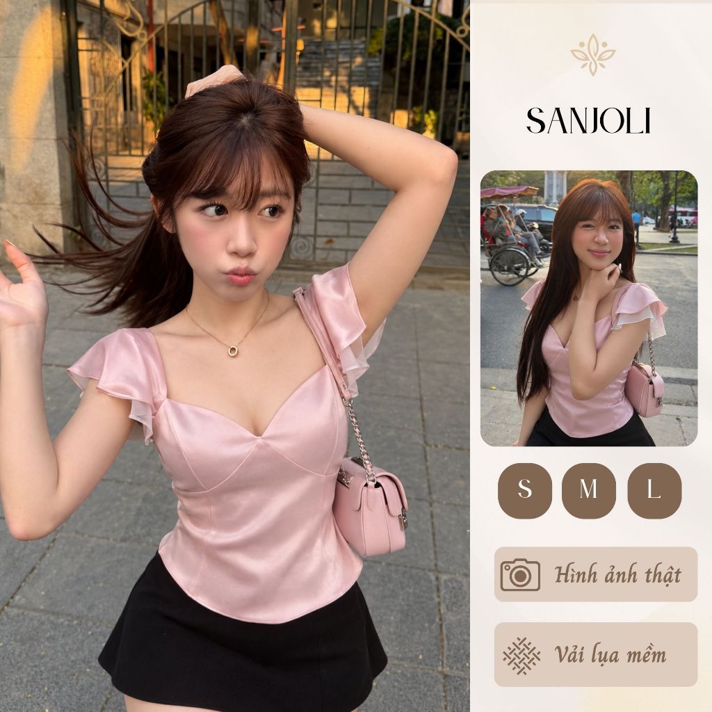 Áo Lụa Tay Bèo Cổ V, Áo Lụa Chiết Eo Phong Cách Thanh Lịch AO019