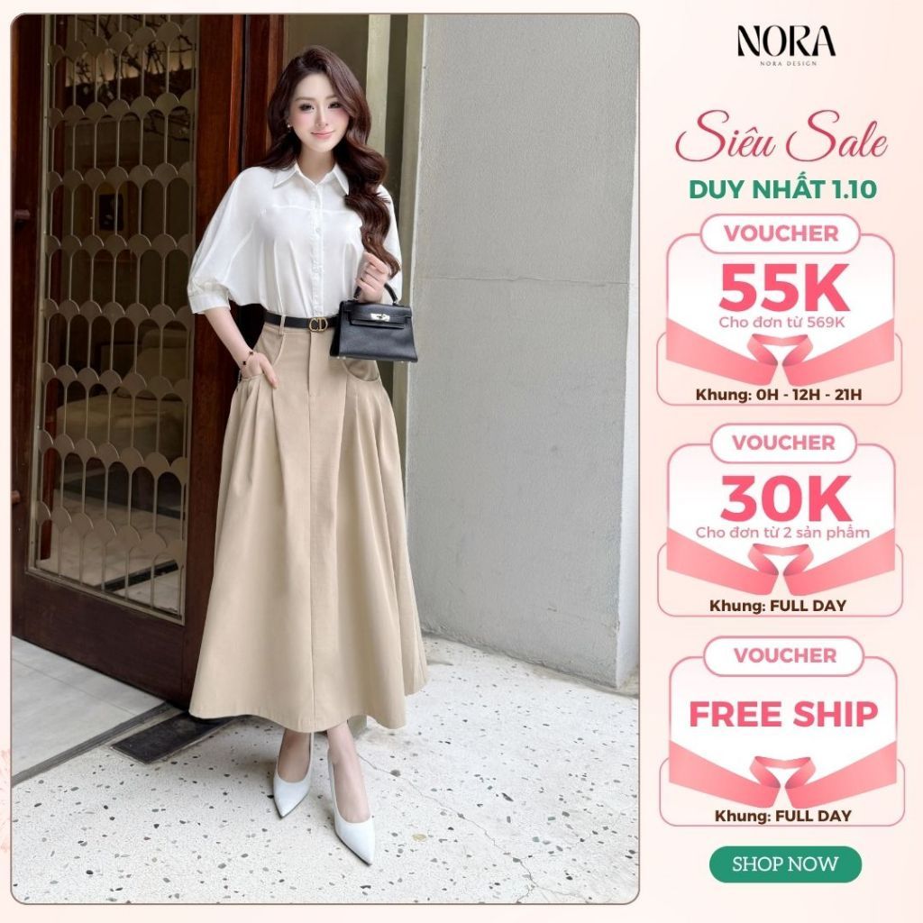 Set Váy Trẻ Trung Thanh Lịch NORA, Áo Sơ Mi Tay Lỡ Chất Thô Hàn Mềm, Chân Váy Dài Kaki Có Túi Phong Cách Công Sở S1001