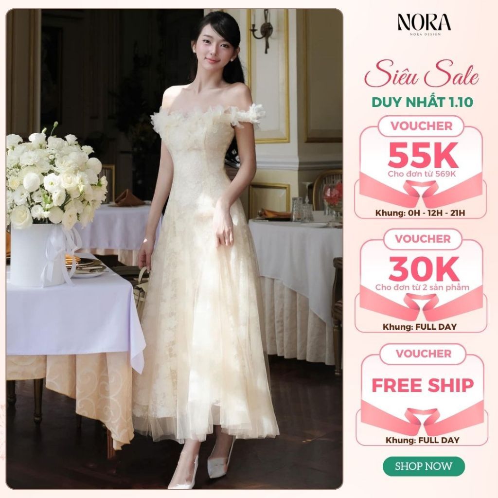 Váy ren hoa dự tiệc, đi bàn cưới NORA, Đầm trễ vai dáng dài sang chảnh tôn dáng, chất liệu cao cấp mềm mịn V1244