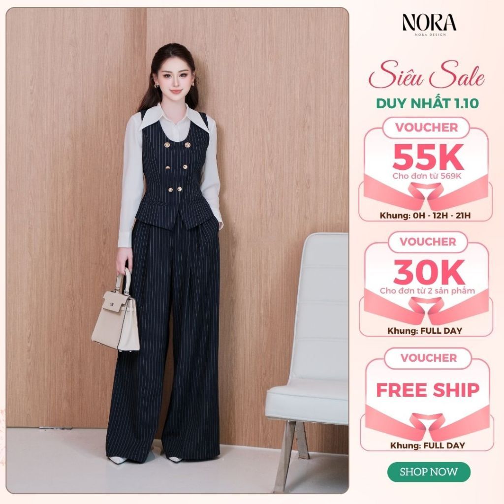 Set Quần Áo Công Sở NORA, Áo Sơ Mi Chất Tơ Mix Áo Gile, Quần Suông Dài Chất Tuytsi Kẻ Sang Chảnh, Thanh Lịch A1084+S1081