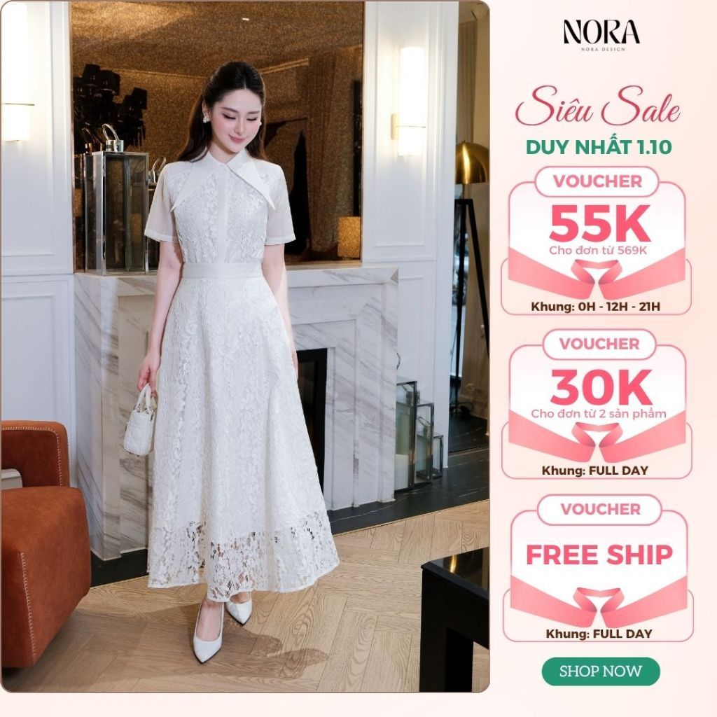 Set Váy Dài Thanh Lịch NORA, Thiết Kế Áo Cổ Sơ Mi, Chân Váy Dài Xòe Bồng Chất Ren Phối Tơ Lót Lụa S1150